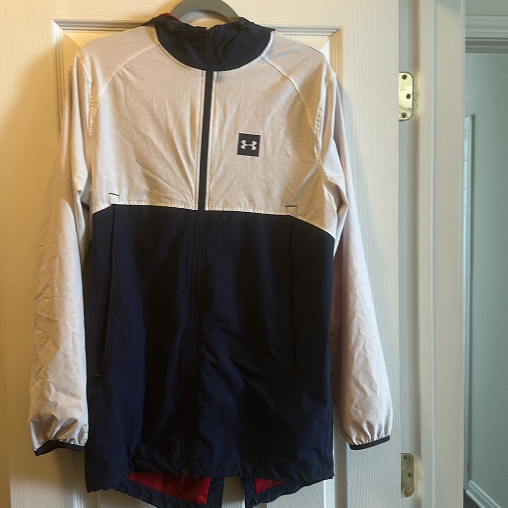 navy and white windbreaker